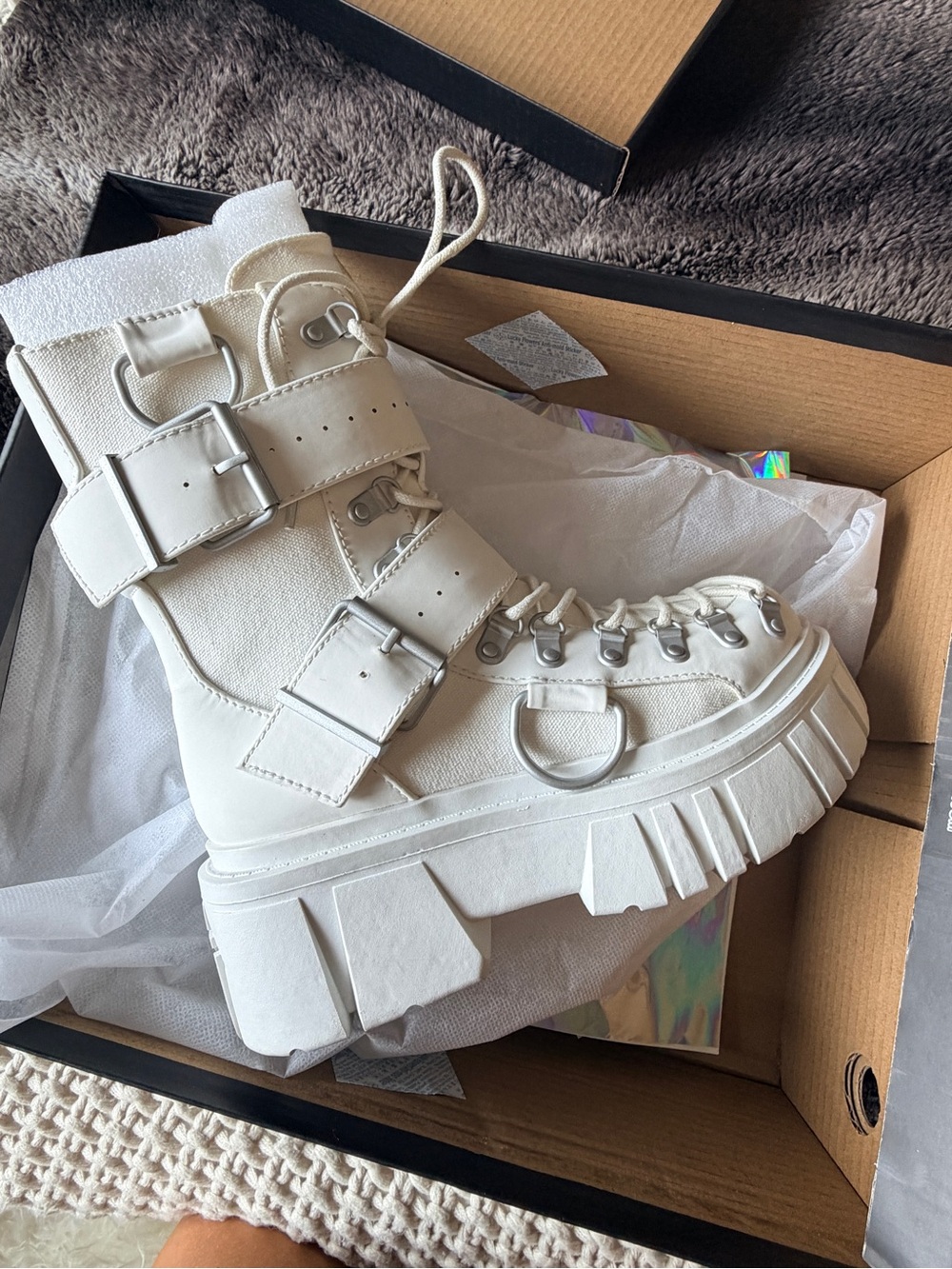 Chunky Cream Platform Combat Boots with Buckle Straps